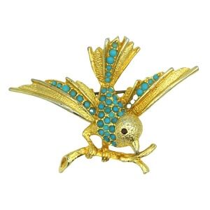 Vintage Bird Brooch Turquoise Ballotini Beads Red Eye  Brooch Figural Jewelry